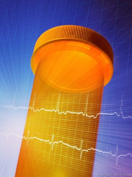 a pill bottle with an overlay of a heart monitor output line
