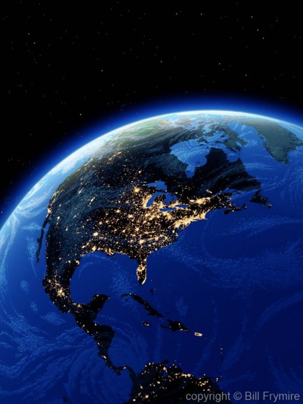 view of earth from space as it is lit up at night on north american side