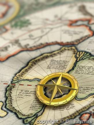 Compass rosette on an illustrated map