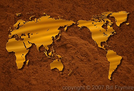 gold world map, asia center