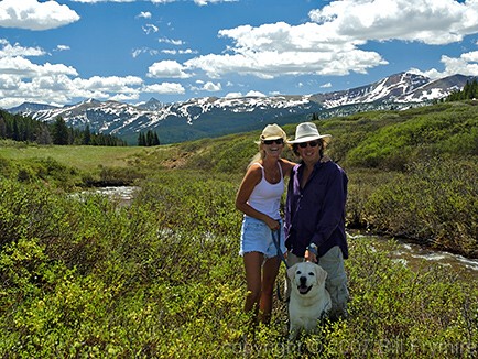 couple walking dog 