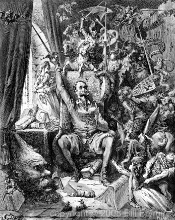 Gustave Dore illustration of Don Quixote in his library