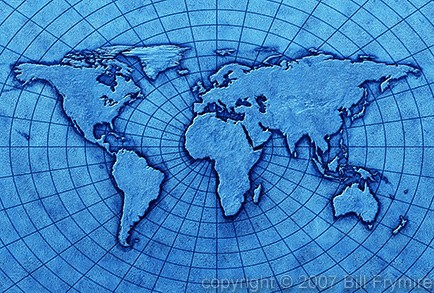   World  Children on Flat World Map In Textured Blue Stone With Circular Grid Behind