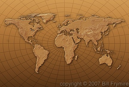 Flat World  on Flat World Map In Rust Color With Circular Grid Behind 700 00049299