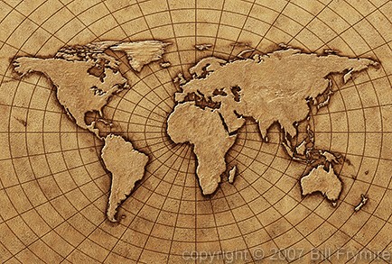 Flat World  on Flat World Map In Textured Sepia Stone With Circular Grid Behind