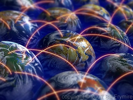 many globes connected with lines of communication