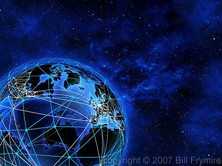 world from space at night. networked earth globe in space
