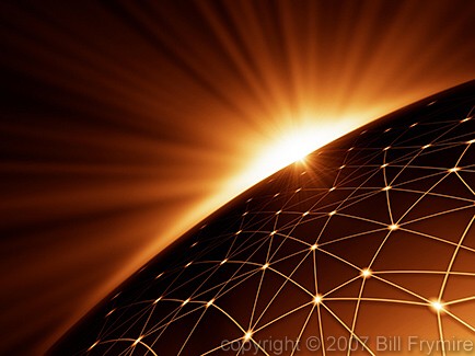 networked globe with sun on horizon