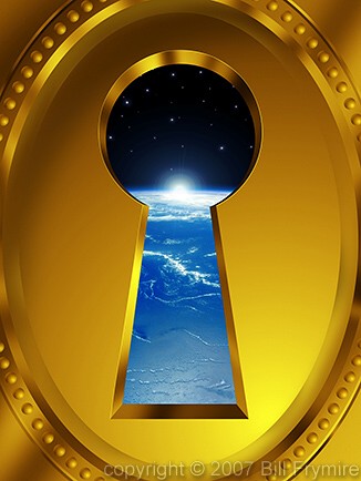 globe on horizon through keyhole