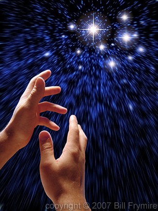 hands reaching for shining stars in a starry sky