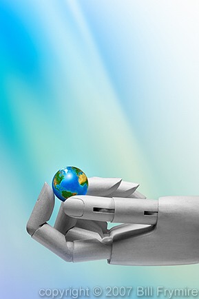 Robot holding globe, close-up of hand