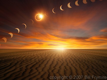 time lapse solar eclipse over a desert - computer generated