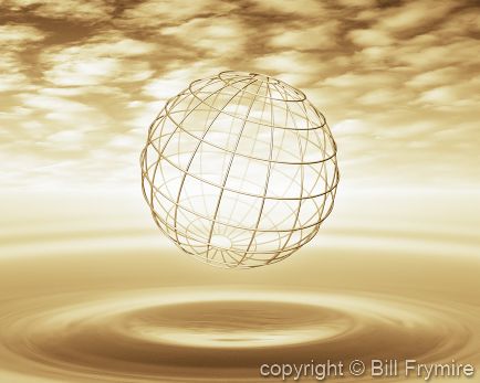 wire globe between sky and water in sepia tones