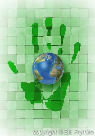 Green hand print with world globe 