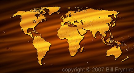 gold world map on brown background