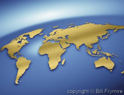 golden world map on blue