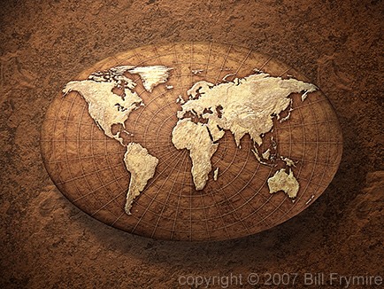 world map on oval rock