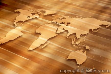 flat world map on natural wood background