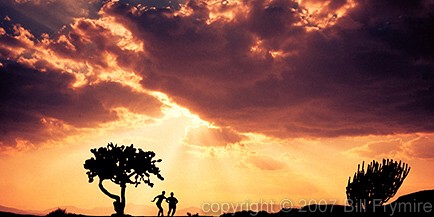 silhouette of two people in a sunset