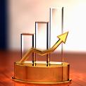 3D trophy with bar chart and rising line graph